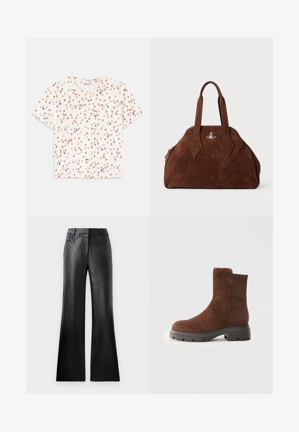 White short-sleeve t-shirt featuring a floral pattern with red and blue flowers, round neckline, and soft, textured fabric.; Black leather flared pants with a smooth texture, featuring two front pockets with black and brown accents near the waist.; Brown suede ankle boot with elastic side panels, rounded toe, and a thick rubber sole featuring a textured tread pattern.; Brown suede handbag with a structured shape, rounded body, and elongated diamond-shaped handles. Features a silver hardware closure.