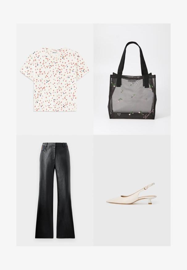 Witte T-shirt met korte mouwen, versierd met een bloemenpatroon met rode en blauwe bloemen, ronde halslijn en zachte, gestructureerde stof.; Zwarte leren uitlopende broek met een gladde textuur, voorzien van twee voorzakken met zwarte en bruine accenten bij de taille.; Crèmekleurige puntneus slingback schoen met lage kittenheel en gouden gesp op een effen witte achtergrond.; Zwarte netstof boodschappentas met geborduurde bloemenpatronen, voorzien van stevige zwarte handvatten en een logo-tag aan de voorkant. Doorzichtig materiaal.