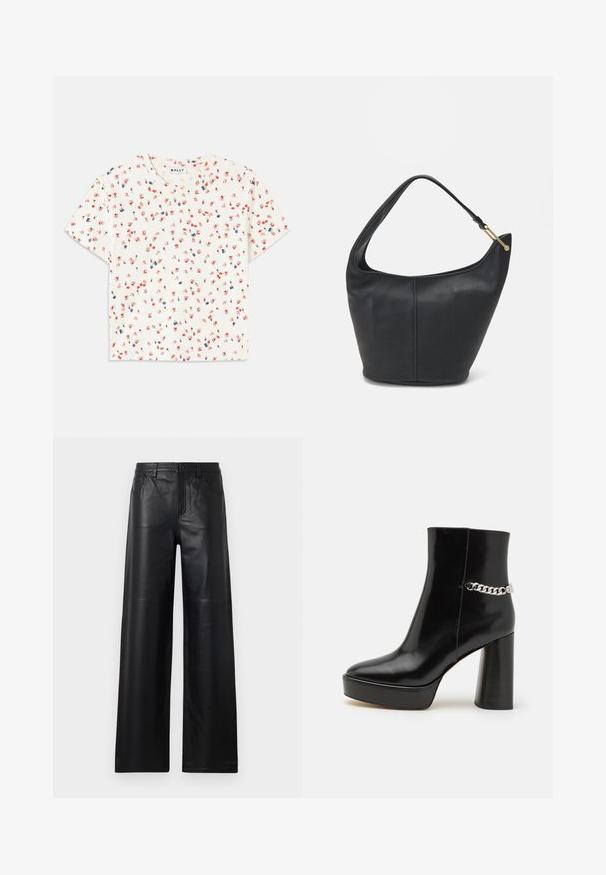 Balta trumpo rankovės marškinėliai su gėlėta raštine, kurioje yra raudonų ir mėlynų gėlių, apvaliu iškirpimu ir minkšta, tekstūruota medžiaga.; Plačios kelnės iš juodos odos su lygiu paviršiumi, turinčios priekinės kišenes, mygtuko užsegimą ir subtilius siuvinėjimo akcentus.; Juodas patentuotos odos kulkšninis botinukas su masyviu platforma ir aukštu blokiniu kulnu. Šone yra sidabrinė grandinė. Lygus paviršius.; Juodas odinis moterų rankinės su apvalia forma, plačiu dirželiu ir tekstūruotu paviršiumi. Yra subtilus siūlės detalizavimas ir auksinės spalvos aparatūra.