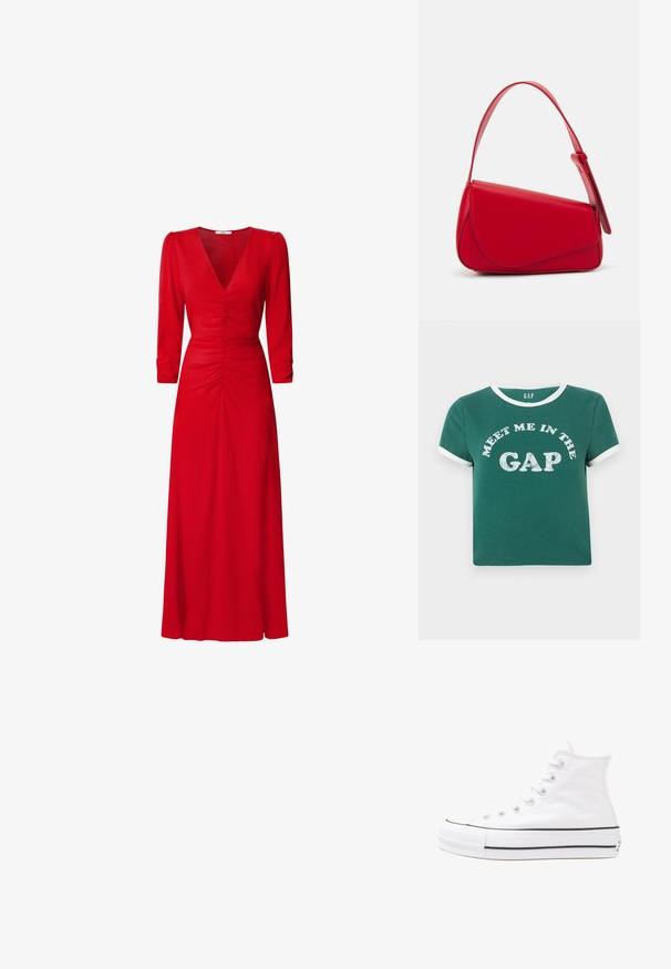 Zelené bavlněné tričko s bílým límcem a akcenty na rukávech. Na přední straně se nachází nápis "SETKEJME SE V MEZE" velkými, třpytivými písmeny.; Červené šaty s výstřihem do V, tříčtvrtečními rukávy a nařasením v pase a na zádech. Látka vypadá hladce a lehce.; Bílé vysoké plátěné tenisky s černou gumovou podrážkou, přední gumovou špičkou a šesti očky na tkaničky, se čistým, minimalistickým designem.; Červená kožená kabelka s ostrým, geometrickým designem. Má jeden nastavitelný popruh a klopu s prošívanými detaily.