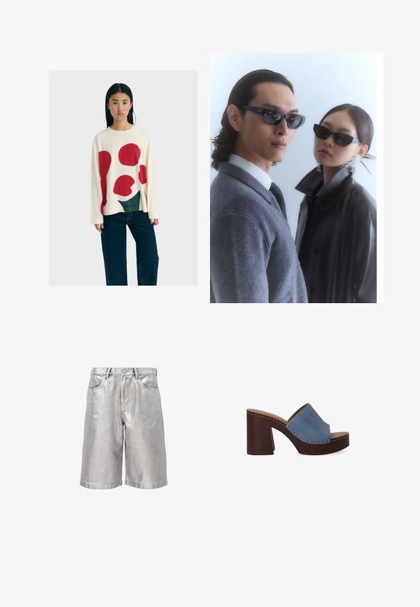 Žena s dlouhými černými vlasy, oblečená v bílém svetru s velkými červenými a zelenými abstraktními tvary a tmavě modrými širokými džínami.; Stříbrné metalické džíny s volným střihem, které mají pět kapes, poutka na opasek a přehnutý lem. Hladký povrch s reflexním vzhledem.; Modré kožené klouzavé sandály s širokým páskem a hnědým blokovým podpatkem, s viditelným šitím podél okrajů.; Sluneční brýle s úhlovými černými rámy na modelce v šedém svetr, který ukazuje texturovaný pletený vzor, a černou koženou bundu, kterou nosí jiný model.; Pytlík na zip v tmavě námořnické barvě, vyrobený z lesklého materiálu, s hladkou texturou a decentním logem na přední straně. Kompaktní a univerzální design.