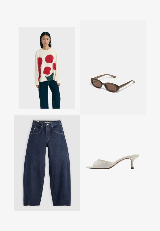 Woman with long black hair wearing a white sweater with large red and green abstract shapes and dark blue wide-leg jeans.; Dark blue denim jeans with a loose fit, light stitching, five pockets, and a button closure at the waistband.; White open-toed high-heeled mules with a smooth finish, minimalist design, and a slender heel, featuring a subtle brown accent on the sole.; Brown oval sunglasses with dark lenses. Frame has a transparent brown material and features a logo printed on the temples.; Green leather handbag with a smooth texture, curved shape, and braided handle. Features a zip closure and an adjustable strap.