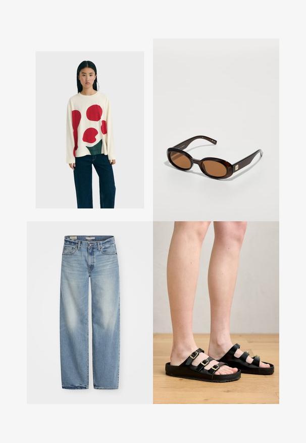 Vrouw met lang zwart haar die een witte trui draagt met grote rode en groene abstracte vormen en donkerblauwe wijde spijkerbroeken.; Lichtblauwe wijde spijkerbroek van denim. Kenmerken zijn een knoop- en ritssluiting, vijf zakken en een vervaagde afwerking met een iets versleten zoom.; Zwarte sandalen van soepel materiaal, met drie verstelbare banden met gouden gespen en een platte zool met een gestructureerde grip.; Bruine schildpadzonnebril met ovale lenzen, met een dunne montuur en een kleine metalen accent aan de zijkant. Geverfd en gepolijst afwerking.; Bruine suede handtas met twee bovenhandvatten en een verstelbare schouderriem. Heeft een gestructureerde vorm en een minimalistisch ontwerp.