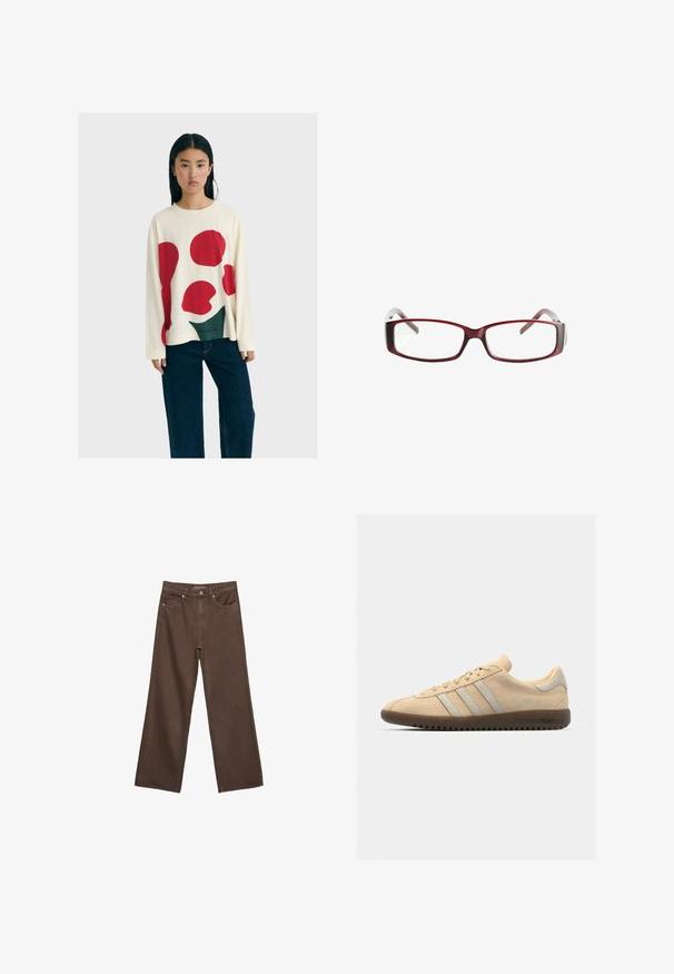 Donna con lunghi capelli neri che indossa un maglione bianco con grandi forme astratte rosse e verdi e jeans a gamba larga di un blu scuro.; Jeans a gamba larga marroni in denim, con vita alta, tasche anteriori e chiusura a bottone classica. Tessuto liscio con cuciture sottili.; Sneaker in suede beige con tre strisce argentate, suola in gomma marrone piatta, punta rotonda e design minimalista.; Occhiali da sole rettangolari rossi con un design elegante. Lenti chiare, steli leggermente traslucidi e un effetto sfumato dal rosso al grigio.