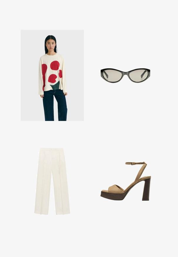 Žena s dlhými čiernymi vlasmi, oblečená v bielej mikine s veľkými červenými a zelenými abstraktnými tvarmi a tmavomodrými širokými džínsami.; Široké nohavice vo svetlej krémovej farbe. Vyrobené z hladkej látky s skladmi vpredu a bočnými vreckami.; Bežové semišové sandále na vysokom opätku s širokým predným pásom a pásikom okolo členka, ktoré majú masívny drevený blokový opätok s textúrovaným povrchom.; Čierne slnečné okuliare v tvare mačacích očí so šedými tónovanými sklami. Plastový rám má ostré hrany a hladký, lesklý povrch.