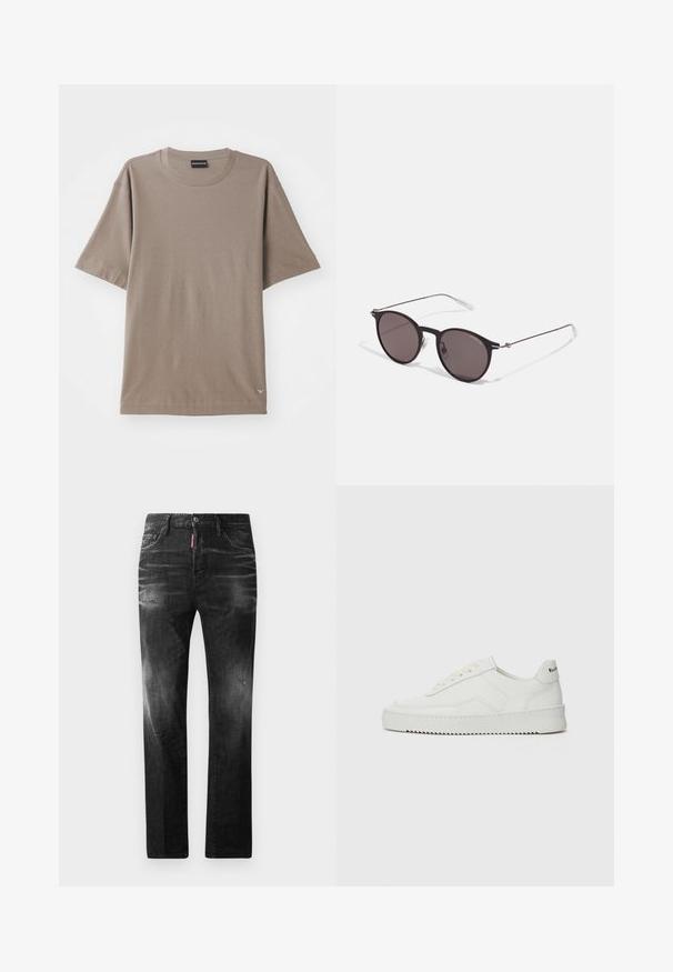 Ruda trumpa rankovė t-shirt marškiniai su apvalia iškirpte, su subtiliu tekstūriniu raštu ir maža logotipo etikete kairiajame apatine kampo.; Juodi džinsai su tiesiu kirpimu. Spalvoti svyrantys plotai, šiek tiek sugadinti, klasikinis penkių kišenių dizainas ir mygtuko uždarymas.; Balti odiniai sportiniai bateliai su lygia apdaila, apvaliu pirštu, plokščiais raišteliais ir tekstūruotu padu. Pasižymi subtiliu logotipu ant kulno.; Juodos apvalios saulės akinių su tamsiais lęšiais ir plonomis metalinėmis šakomis. Įtraukti skaidrūs šventyklų galai ir sidabriniai akcentai vyrio srityje. Minimalistinis dizainas.