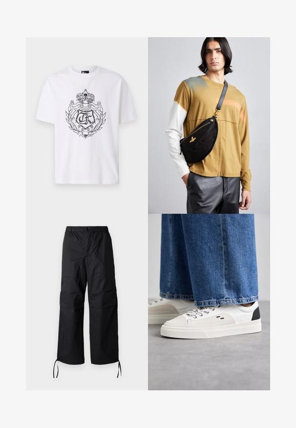 Bílá bavlněná tričko s černým grafickým designem obsahujícím korunu a vavřínové listy, a s nápisem "The Kooples" výrazně zobrazeným.; Černé cargo kalhoty vyrobené z lehké tkaniny, s širokými nohavicemi, elastickým pasem a nastavovacími stahovacími šňůrkami na manžetách. Dvě postranní kapsy.; Bílé a černé tenisky s hladkým koženým svrškem, texturovanými akcenty a robustní bílou podešví. Mají klasický design se šněrováním.; Vivienne Westwood CITY BUMBAG UNISEX - Ledvinka - black