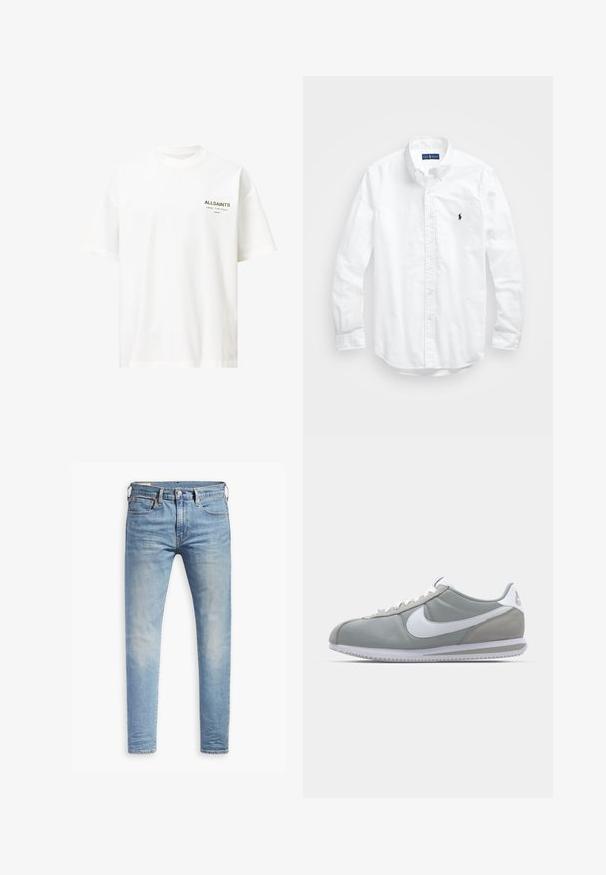 White cotton t-shirt with short sleeves, crew neck, and a small black and gold logo on the left chest. Straight hem at the bottom.; White long-sleeve button-up shirt in cotton. Features a classic collar, button cuffs, and a small navy embroidered logo on the chest.; Light blue slim-fit jeans with slight fading on thighs, front button closure, belt loops, and five-pocket styling on a white background.; Gray athletic shoe with a suede and textile upper, white Nike swoosh, and white laces. Features a textured rubber sole and padded collar.