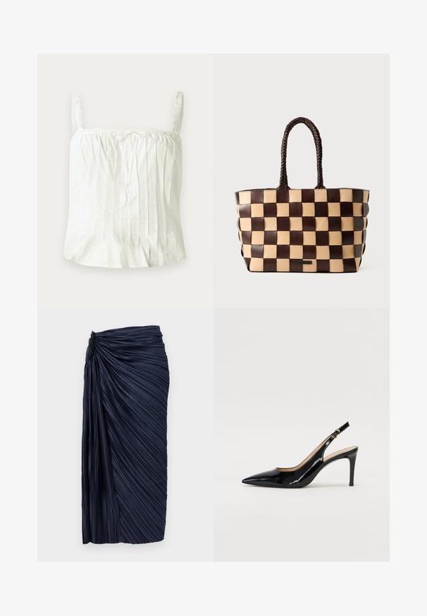 Fehér, ujjatlan felső vékony pántokkal, redőzött textúrával és csipke részletekkel a nyakrészén. Könnyű pamut anyag.; Tengerészeti kék, pliszírozott midi szoknya, a derékrészen gyűrött textúrával, függőleges redőkkel és sima felülettel, testhez simuló siluettel tervezve.; Fekete lakk bőr kötött magassarkú cipő, hegyes orral és karcsú sarokkal, finom kivágásos dizájnnal. Az övön arany csatt található.; Barna és bézs bőr bevásárlótáska szőtt sakktábla mintával, csavarott fogantyúkkal, fehér háttéren.