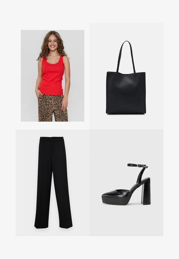 Top roșu fără mâneci cu un decolteu rotunjit, realizat dintr-o țesătură netedă. Asortat cu pantaloni lejeri cu imprimeu de leopard, având modele negre și maro.; Pantaloni negri cu croi larg, dintr-un material neted, având un talie clasică cu închidere prin buton și plisuri frontale.; Pantofi cu toc platformă negri, cu vârful ascuțit și curea reglabilă la gleznă. Confecționați din piele netedă, având un toc gros.; Geantă tote neagră din piele, cu textură netedă, formă rectangulară și două mânere lungi. Fără hardware vizibil sau ornamente.