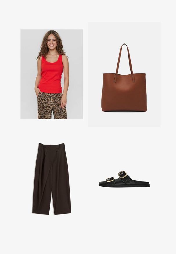 Rode mouwloze top met een ronde hals, gemaakt van gladde stof. Gecombineerd met losse broeken met luipaardprint met zwarte en bruine patronen.; Donkere bruin wijde broek met een hoge taille, voorzien van een enkele knoopsluiting en een geplooide voorkant. Gemaakt van lichtgewicht stof.; Zwarte slipper met twee gouden gesps, gladde textuur, platte zool en een minimalistisch ontwerp.; Bruine leren tote bag met een gladde textuur, een ontwerp met een open bovenkant en twee schouderbanden. Kenmerkt zich door minimale stiksels en geen zichtbare hardware.