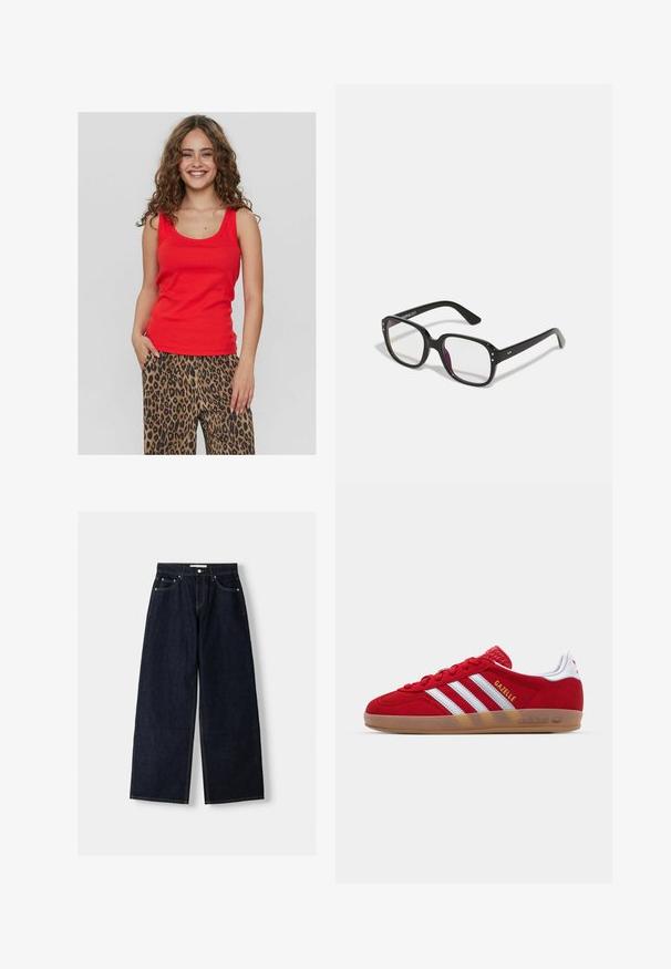 Rdeča brezrokavnik s krojnim izrezom, izdelan iz gladkega materiala. Vparen z ohlapnimi hlačami z leopardičjim vzorcem, ki imajo črne in rjave vzorce.; Temno modri široki jeans z visokim pasom, petimi žepi, kontrastnim šivanjem in srebrnim kovinskim okovjem. Gladka tekstura in čista končna obdelava.; Rdeči semišniki z belo tridoločeno zasnovo in zlatim besedilom "Gazelle". Imajo gumo podplat in texturiran petni del.; Črne pravokotne očala z prozornimi lečami, z zaobljenimi robovi in stranskimi dodatki, z gladkim finišem na okvirju in ročajih.; Črna usnjena hobo torba z mehko, ukrivljeno obliko. Ima širok zgornji ročaj in gube na dnu, kar daje torbi udoben izgled.