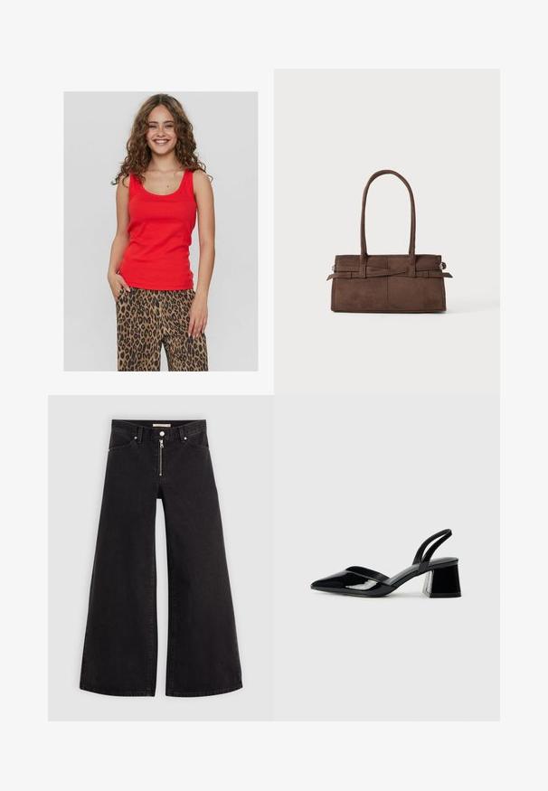 Sarkans bez piedurknēm tops ar izgriezumu, izgatavots no gludas auduma. Apvienots ar brīvām ziloņu raksta biksēm, kas rotātas ar melniem un brūniem rakstiem.; Platas kājas džinsi melnā džinsa audumā ar rāvējslēdzēju priekšā, piecu kabatu dizains un smalkas šuvju detaļas. Gluda tekstūra un ikdienišķs stils.; Melna lakota āda ar atvērto papēdi, ar smailu purngalu un ģeometrisku blokpapēdi. Iezīmējas elegants, minimāls dizains un gluda tekstūra.; Brūna zamšāda rokas soma ar diviem izturīgiem rokturiem, taisnstūra formā un dekoratīvu joslu detaļu priekšpusē.