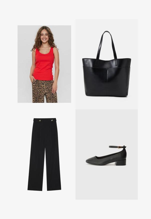 Top rojo sin mangas con escote en barco, hecho de una tela suave. Combinado con pantalones sueltos de estampado de leopardo que presentan patrones en negro y marrón.; Pantalones de pierna ancha negros con cintura alta, detalles de botones en la cinturilla y pliegues en la parte delantera.; Zapato de tacón negro de cuero con punta afilada y tacón bajo cuadrado. Presenta una correa para el tobillo con una hebilla en tono dorado. Textura suave.; Bolso tote de cuero negro con dos asas largas, textura suave y forma estructurada. Cuenta con un bolsillo frontal para almacenamiento adicional.