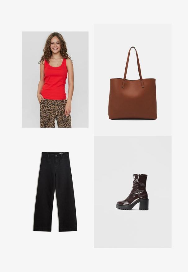 Rode mouwloze top met een ronde hals, gemaakt van gladde stof. Gecombineerd met losse broeken met luipaardprint met zwarte en bruine patronen.; Zwarte denim broek met wijde pijpen en een hoge taille, voorzien van voor- en achterzakken, gestikte naden en een knoopsluiting. Gladde textuur.; Glanzende bordeauxrode enkelboot met een chunky zwarte hak, met een gladde textuur en een eenvoudig ontwerp. Geen zichtbare sluitingen of patronen.; Bruine leren tote bag met een gladde textuur, een ontwerp met een open bovenkant en twee schouderbanden. Kenmerkt zich door minimale stiksels en geen zichtbare hardware.