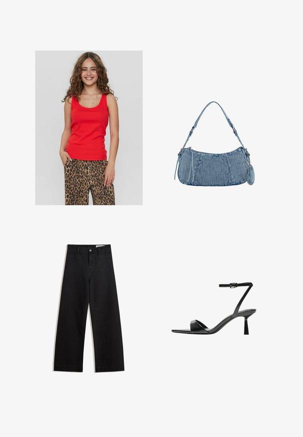 Rotes ärmelloses Oberteil mit runder Ausschnittlinie, aus glattem Stoff. Kombiniert mit lockeren Hosen im Leopardenmuster mit schwarzen und braunen Mustern.; Schwarze weit geschnittene Jeans mit hoher Taille, ausgestattet mit Vorder- und Hintertaschen, gesteppten Nähten und einem Knopfverschluss. Glatte Textur.; Bershka High Heel Sandalette - black; Denim-Handtasche mit geschwungener Form, hellblauer Farbe, verstellbarem Schultergurt und einem kleinen abnehmbaren Täschchen mit metallischen Akzenten.