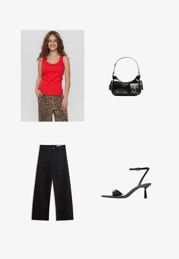 Červený bezrukávový top s hlbokým výstrihom, vyrobený z hladkej tkaniny. V kombinácii s voľnými nohavicami s leopardím vzorom, ktoré obsahujú čierne a hnedé motívy.; Čierne denimové nohavice s širokými nohavicami a vysokým pásom, so prednými a zadnými vreckami, šitými švami a zapínaním na gombík. Hladká textúra.; Bershka Sandále na vysokom opätku - black; Čierna laková kožená kabelka s ohnutým tvarom, jedným ramenným popruhom, prednými vreckami a striebornými kovovými doplnkami.