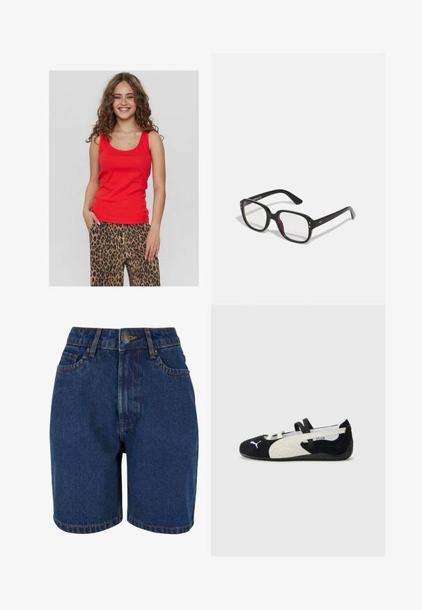 Red sleeveless top with a scooped neckline, made of smooth fabric. Paired with loose leopard-print trousers featuring black and brown patterns.; Denim shorts featuring a dark blue color, a high waist, five-pocket design, and contrasting orange stitching. Fabric appears textured.; Black and cream ultra-lightweight shoe with a suede upper, flat sole, elastic straps, and a small logo on the toe.; Black rectangular glasses with clear lenses, featuring rounded edges and side accents, with a glossy finish on the frame and arms.