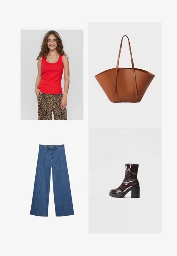 Röd ärmlös topp med rundad halsringning, tillverkad av ett mjukt tyg. Kombinerad med lösa byxor i leopardmönster med svarta och bruna visuella mönster.; Vidbenade denimjeans i medelblått, med hög midja, knäppning och kontrasterande vertikala sömdetaljer längst fram.; Glansig bordeauxfärgad ankelsko med en kraftig svart klack, som har en slät yta och enkel design. Inga synliga stängningar eller mönster.; Brun läder tote-väska med en bred, strukturerad form, tunna handtag och en texturerad yta. Den har en minimalistisk design utan synlig hårdvara.