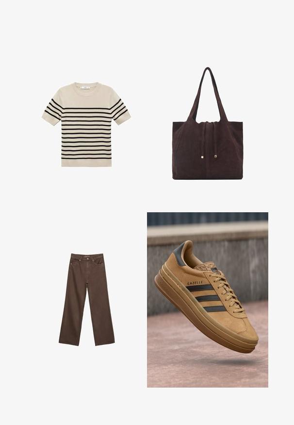 Bežna kratko rokava pulover z črnimi horizontalnimi črtami. Okrogel izrez, pletena tekstura in rebrast rob. Preprost, klasičen dizajn.; Široke rjave kavbojke iz denima, ki imajo visok pas, sprednje žepe in klasično zapiranje na gumb. Gladka tekstura s subtilnim šivom.; Svetlo rjave semiš teniske z gladko teksturo, ki imajo tri temne črte, zaobljen nos in debelejši podplat s vzorčastim robom.; Mango Torba za nakupovanje - dark brown