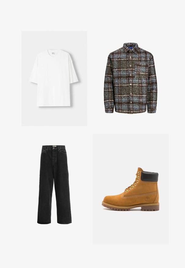 Bílá krátkosrstá tričko s krátkým rukávem vyrobené z bavlny, se zaobleným výstřihem a volným střihem. Hladká textura, bez viditelných vzorů nebo akcentů.; Hnědá a modrá kostkovaná košile s bundou vyrobená z texturované tkaniny; má náprsní kapsu a zapínání na knoflíky.; Černé široké džínové kalhoty vyrobené z denimové tkaniny. Mají vysoký pas, dvě přední kapsy, zapínání na knoflík a decentní detaily šití.; Hnědé semišové kotníkové boty s černým polstrovaným límcem, zlatými kovovými očky, bílým prošíváním a odolnou gumovou podrážkou s výraznými drážkami.