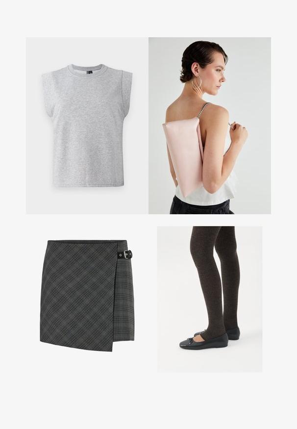 Grå ermeløs t-skjorte laget av mykt stoff med rund hals og lett polstrede skuldre, med en rett søm.; Mørk grå rutete ullwrap skjørt med svart spennedetalj på høyre side, rett kant, og subtilt diagonalt linjemønster.; Sorte flate sko med en liten sløyfedetalj på tåen, kombinert med mørkebrune ribbede strømpebukser. Skoene har en glatt overflate og lav profil.; Rosa lærveske med rektangulær form, sølvkjede stropp og glatt tekstur, båret på ryggen. Enkelt design uten synlige mønstre.