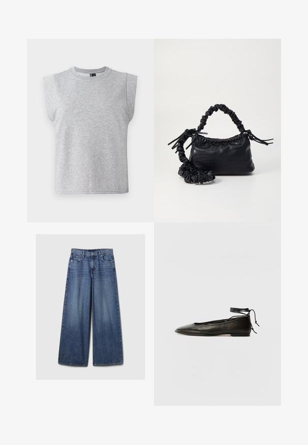 Pilkas be rankovių marškinėliai, pagaminti iš minkštos medžiagos, su apvaliu iškirpimu ir šiek tiek paminkštintais pečiais, su tiesiu iškirpimu.; Platus mėlynos džinsinės kelnės su išblukusiu paviršiumi, su mygtukų ir užtrauktuko uždarymu, penkiomis kišenėmis ir diržo kilpomis.; Juodi odiniai balerinų bateliai su smailiu pirštu, kulkšnies raiščiu ir plokščiu padu, pasižymintys lygiu paviršiumi ir minimalizmo dizainu.; Juodas dirbtinės odos rankinė su krokodilo tekstūra, sušnibždinta viršuje ir susikraipytu dirželiu. Atrodo minkšta ir kompaktiška.