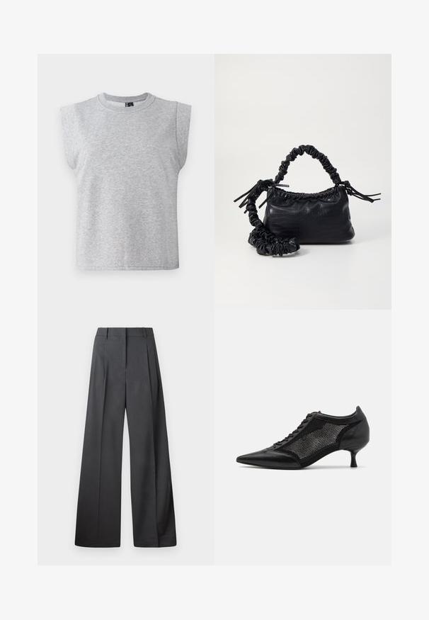 Siva majica bez rukava izrađena od mekog materijala s okruglim izrezom i lagano podstavljenim ramenima, s ravnim rubom.; Hlače širokih nogavica u tamnosivoj tkanini, s visokim strukom, jednim naborom i glatkom teksturom s urednim završetkom na rubovima.; Crne cipele s oštrom nazubljenom petom i mrežastim panelom, sa niskom petom i vezanjem sprijeda. Izrađene od kombinacije kože i mrežastog materijala.; Crna torba od umjetne kože s teksturom krokodila, s cinčanim vrhom i naboranom trakom. Izgleda mekano i kompaktno u dizajnu.