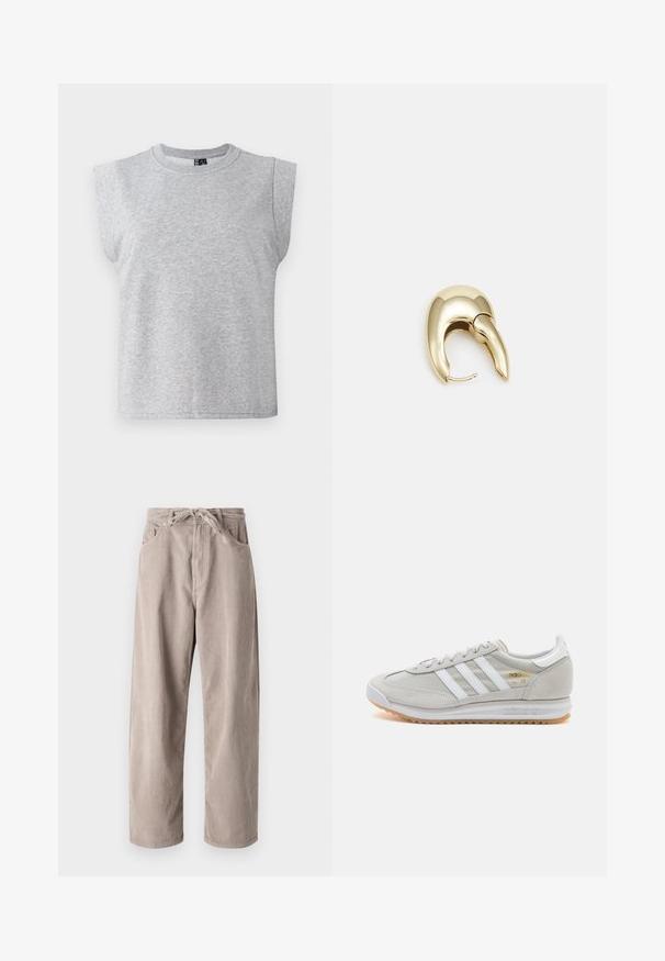Šedé tielko bez rukávov z mäkkej látky s okrúhlym výstrihom a mierne vypchatými ramenami, s rovnými lemami.; Béžové kordové nohavice s voľným strihom, s elastickým pásom na šnúrku, dvoma prednými vreckami a vertikálnym ryhovaným vzorom.; Svetlosivé tenisky vyrobené z kože a sieťoviny, s tromi bielymi pruhmi, okrúhlou špičkou a gumovou podrážkou. Zlatý logový akcent pri šnúrkach.; Náušnice z kovu v zlatej farbe s elegantným, zakriveným dizajnom. Majú charakteristický špicatý tvar, leštený povrch a uzáver na pánt.
