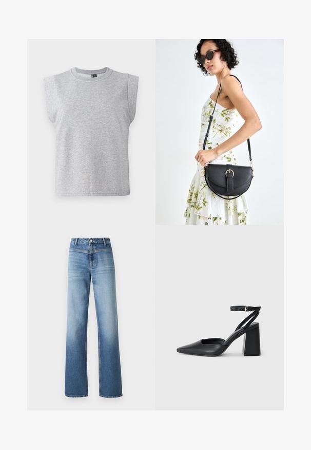 Tricou gri fără mâneci, fabricat dintr-un material moale, cu guler rotund și umeri ușor căptușiți, având un tiv drept.; Jeans din denim de culoare bleu deschis, cu talie înaltă, design drept, spălare uzată și stil clasic cu cinci buzunare. Finalizate cu o închidere cu nasture.; Pantofii cu toc ascuțit din piele neagră, cu breteaua pentru glezne și toc gros. Textură netedă, design elegant și estetică minimală.; Geantă din piele neagră, cu o formă curbată, curea detașabilă și accesorii aurii. Geanta are un capac cu un detaliu tip cataramă.