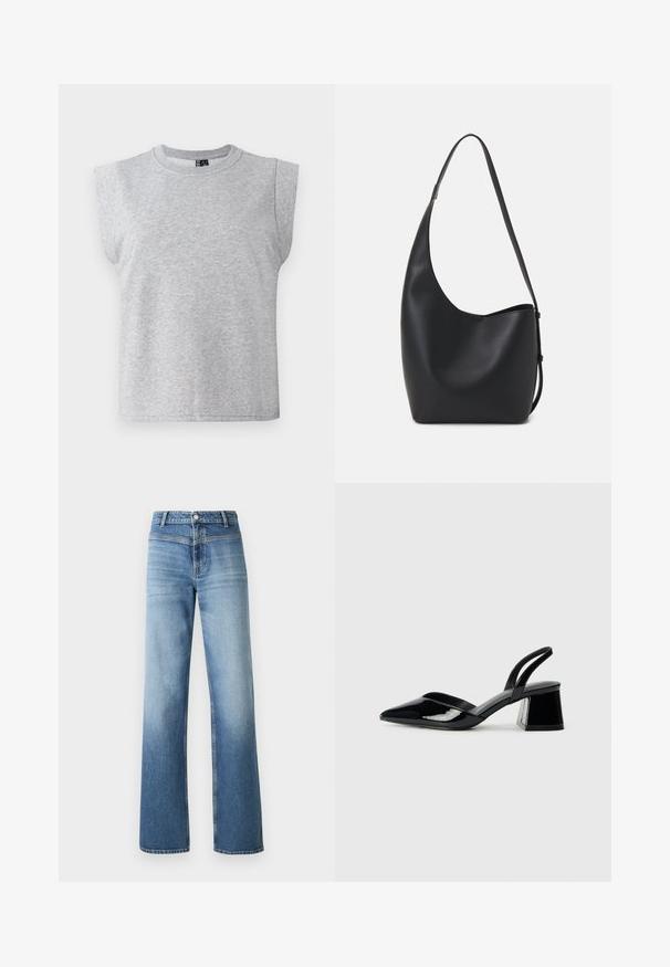 Gray sleeveless t-shirt made from soft fabric with a round neckline and slightly padded shoulders, featuring a straight hem.; Light blue denim jeans with a high waist, straight-leg design, faded wash, and classic five-pocket style. Finished with a button closure.; Black patent leather slingback heels with a pointed toe and a geometric block heel. Features a sleek, minimal design and smooth texture.; Black leather hobo bag with a smooth texture, curved shape, and single adjustable strap; features a wide opening at the top.
