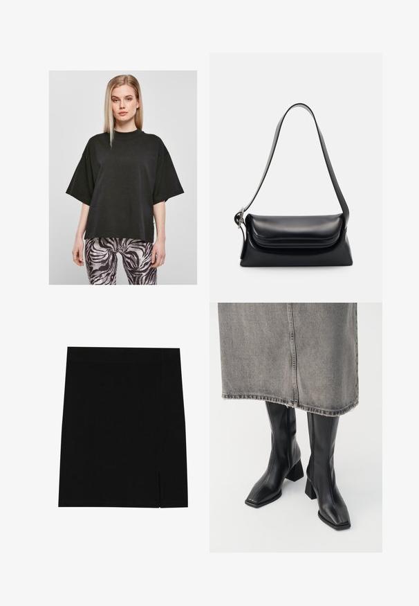 Czarna, oversize koszulka z wysokim dekoltem i krótkimi rękawami, wykonana z miękkiego materiału; zestawiona z wzorzystymi legginsami w czarno-białe paski zebry.; Czarna mini spódnica z miękkiego materiału, o dopasowanym kroju, z delikatnym rozcięciem po boku dla dodatkowego akcentu.; Czarne kozaki za kolano z gładkiej skóry, o kwadratowym nosku i słupkowym obcasie. Noszone z szarym dżinsowym mini spódnicą z postrzępionym dołem.; Czarna skórzana torebka o zorganizowanym kształcie, gładkiej fakturze i pojedynczym pasku na ramię. Posiada subtelną, zaokrągloną klapkę.
