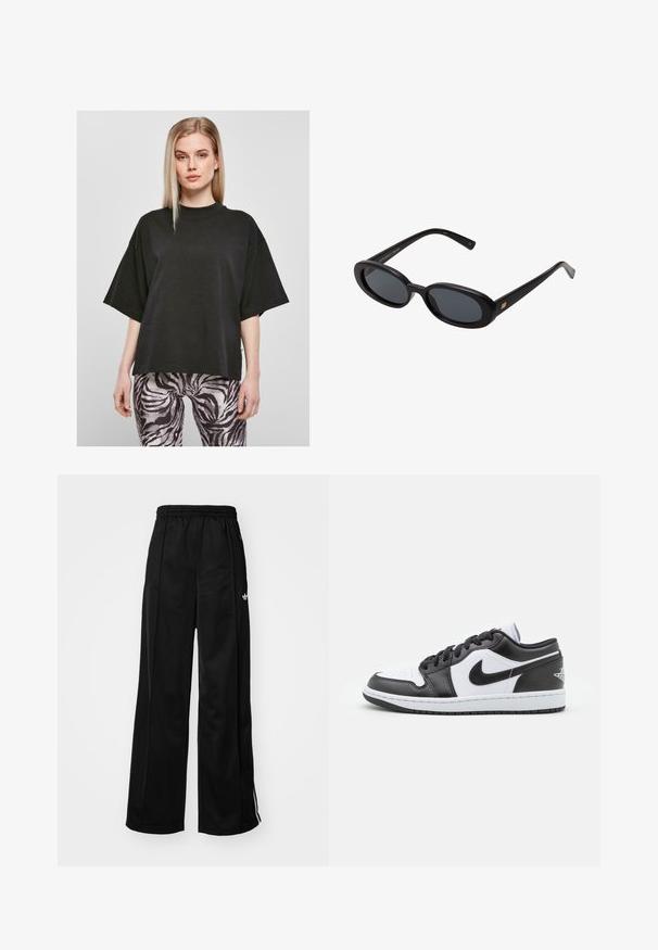 Černé oversize tričko s vysokým výstřihem a krátkými rukávy, vyrobené z měkké látky; kombinováno s legínami v černobílém proužkovaném vzoru zebry.; Černé široké sportovní kalhoty s elastickým pasem, na kterých jsou bílé boční pruhy a malé logo na levém boku. Hladká textilie.; Černobílé nízké tenisky Nike mají hladký kožený svršek, kulatou špičku, šněrování a vzorovanou gumovou podrážku.; Černé oversized sluneční brýle s oválnými čočkami, hladkým plastovým rámem a zlatými akcenty na spáncích. Tmavé čočky poskytují ochranu před sluncem.
