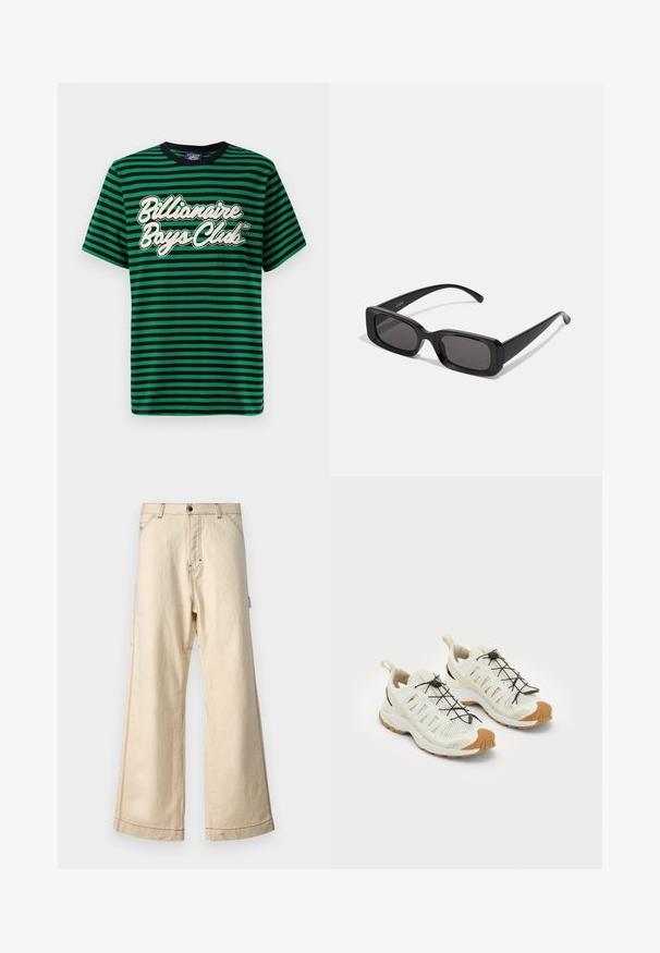 Green and black striped t-shirt made of cotton, featuring a graphic "Billionaire Boys Club" logo in white, round neckline, and short sleeves.; Beige wide-leg trousers made of cotton with a zip and button closure, featuring contrasting stitching and side pockets.; Lightweight, cream-colored athletic shoes with mesh upper, black elastic laces, and brown rubber sole accents for traction and durability.; Black rectangular sunglasses with dark lenses, glossy finish, wide arms, and a chunky frame design. Engraved brand name on one arm.