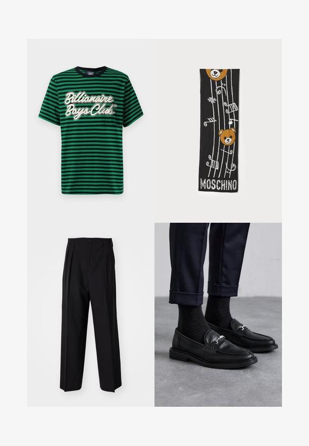 Green and black striped t-shirt made of cotton, featuring a graphic "Billionaire Boys Club" logo in white, round neckline, and short sleeves.; Black pleated trousers with a straight, wide-leg design. Made from smooth fabric, featuring a button closure and belt loops.; Black leather loafers featuring a textured finish, silver hardware detail, paired with dark socks and cuffed navy trousers.; Black knitted scarf featuring two brown bear heads, musical notes, and “MOSCHINO” text in white at the bottom. Soft texture with detailed design.
