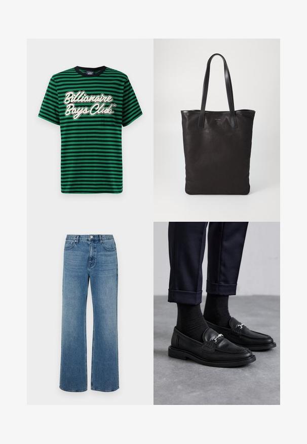 Green and black striped t-shirt made of cotton, featuring a graphic "Billionaire Boys Club" logo in white, round neckline, and short sleeves.; Wide-leg blue jeans made of denim with a faded finish. Features five pockets, a front button closure, and a straight cut.; Black leather loafers featuring a textured finish, silver hardware detail, paired with dark socks and cuffed navy trousers.; Black canvas tote bag with black leather handles. Simple design, spacious body, and a smooth texture. No visible logos or patterns.