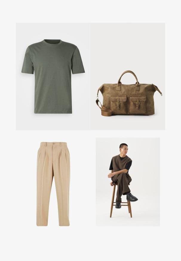 Olivia vihreä lyhythihainen t-paita pehmeästä materiaalista, jossa on pyöreä pääntie ja hillitty brodeerattu logo vasemmassa rinnassa.; Pitkähihainen nappikauluspaita pehmeässä keltaisessa kankaassa, jossa on teksturoitu pinta, kaulus ja yksi vasemmalla puolella oleva rintatasku.; Vaaleanbeige taitettu housut suoran lahkeen muotoilulla, valmistettu sileästä kankaasta, jossa on napp closure ja vyölenkit vyötäröllä.; Ruskea neulottu liivi mustan t-paidan päällä, yhdistettynä ruskeisiin leveisiin housuihin ja mustiin paksupohjaisiin kenkiin, istuu puukorokkeella.; Ruskea nahkainen duffel-laukku, jossa on kaksi etutaskua, säädettävä olkahihna, kultaiset yksityiskohdat ja tukevat yläkahvat. Lisääntynyt sileä rakenne.