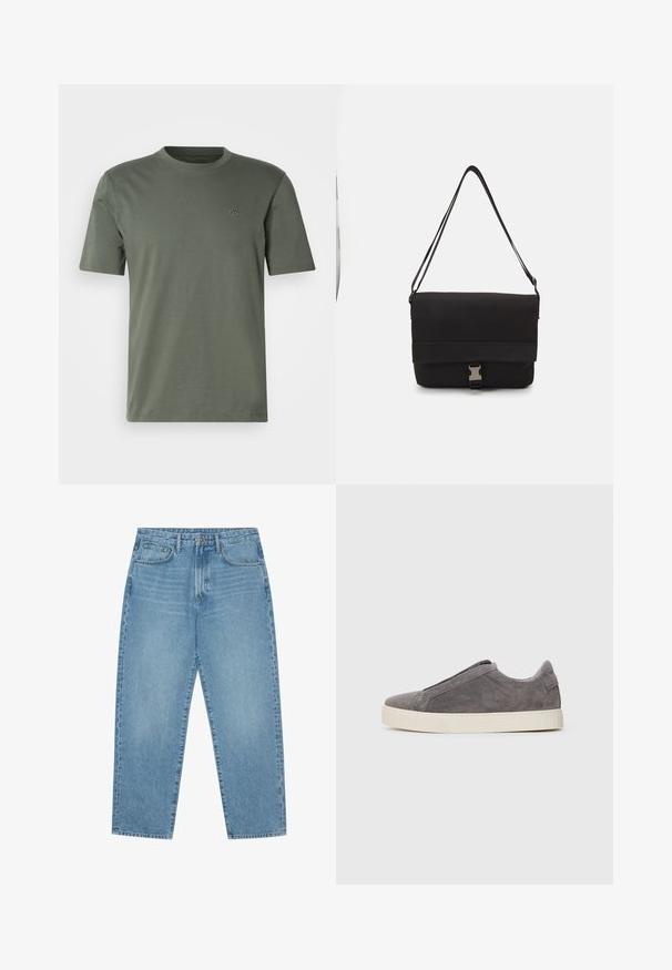 Oliven grønn kortermet t-skjorte i mykt materiale med rund hals og subtilt brodert logo på venstre bryst.; Lyseblå denim brede benbukser med høy midje, som har fem lommer, beltehemper og en myk, lett falmet tekstur.; Grå semsket slip-on sneakers med en teksturert overflate, elastisk bånd foran og en hvit gummisåle. Rent, minimalistisk design.; Svart budveske laget av glatt materiale, med en klaff som kan legges over, sølvfarget spenne og en justerbar skulderrem.