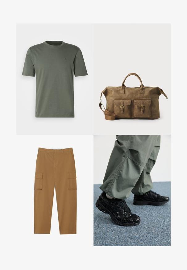 Olive zöld, rövid ujjú póló puha anyagból, kerek nyakkivágással és diszkrét hímzett logóval a bal mellen.; Barna cargo nadrág, két oldalsó zsebbel, sima elülső résszel és egyenes szabással. Tartós anyagból készült, sima textúrával.; Fekete sportcipők fényes és hálós textúrával, vastag talppal és fűzővel, laza olívazöld cargo nadrággal párosítva.; Barna bőr utazótáska, két elülső zsebbe, állítható vállpánttal, arany színű részletekkel és masszív felső fogantyúkkal. Sima felület.
