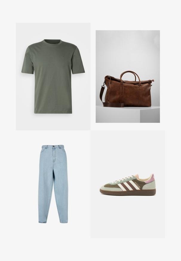 Olivengrøn kortærmet t-shirt i blødt materiale med rund halsudskæring og subtilt broderet logo på venstre bryst.; Lysblå højtaljede jeans med en afslappet pasform. Har en frontknap, lynlås og fem-lomme design. Let falmet stofstruktur.; Suedeskinds- og tekstilsneakers i grøn, brun og beige med tre hvide striber. Har en lys pink accent på hælen og en tekstureret ydersål.; Brun læder gymtaske med lynlåslukning, dobbelte håndtag, justerbar skulderrem og synlige teksturmønstre på overfladen.