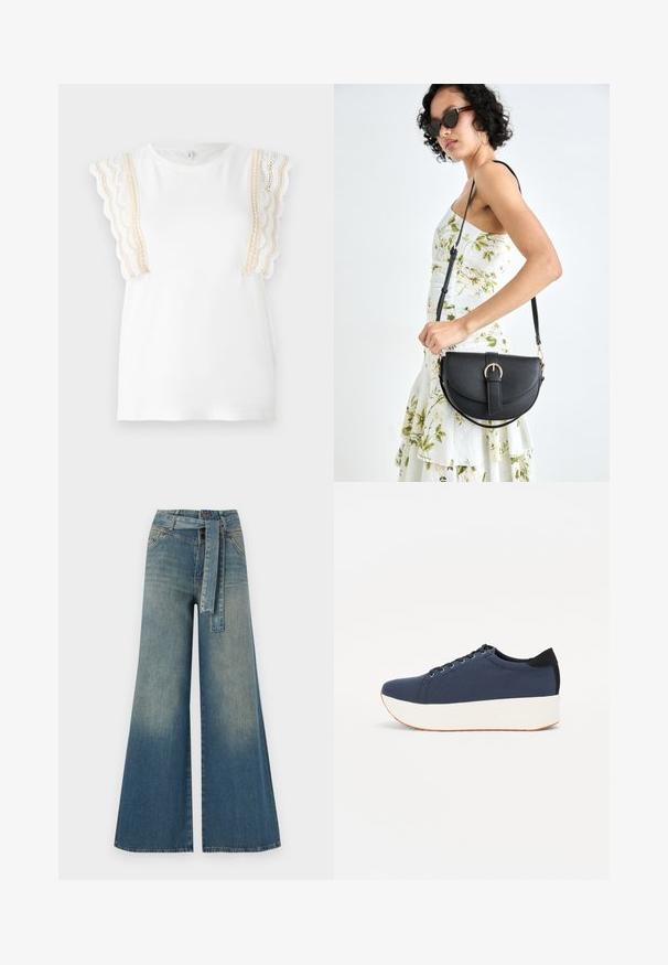 Balta marškinėliai su banguotais, kreminiais nėriniais ant rankovių. Minkšta medvilnė, apvalus kaklo iškarpymas, standartinis aptempimas. Lygi tekstūra, be raštų.; Platus džinsinis kelnes su šviesiai tamsiai mėlynu gradientu, aukštu juosmeniu, diržo kilpomis ir atitinkančiu audinio diržu. Textūruotas džinsinis paviršius.; Tamsiai mėlynas sportinis batelis su tekstūruotu audiniu viršuje, baltu platformos padu, apvaliu pirštu ir juodu kulno akcentu.š. Yra šešios skylės raišteliams.; Juodas odinis krepšys su išlenkta forma, nuimamu dirželiu ir auksiniais detalėmis. Krepšys turi kilpą su sagtimi.