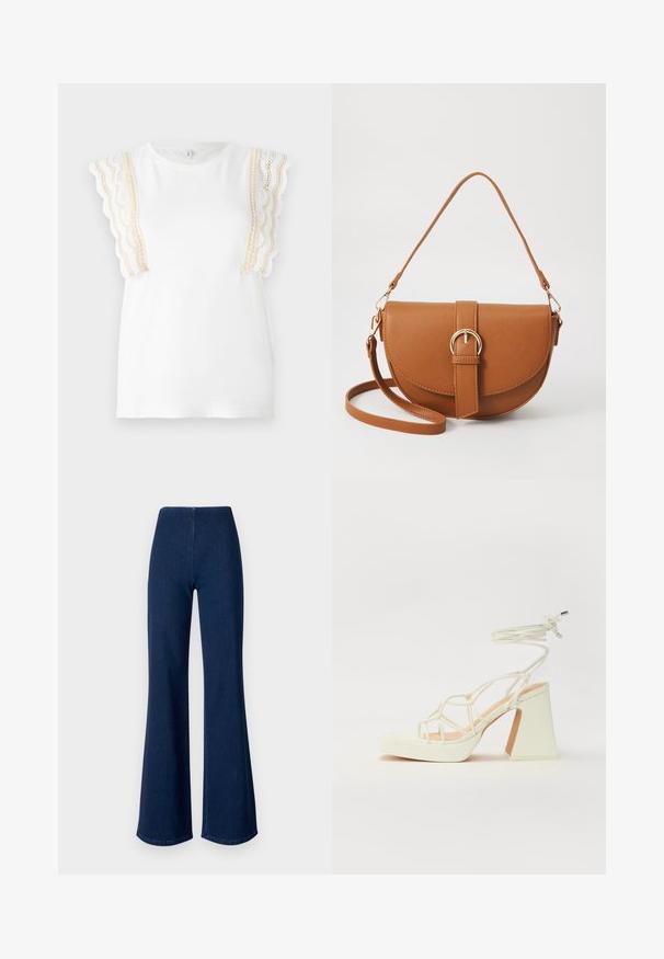 White t-shirt with scalloped, beige lace accents on sleeves. Soft cotton material, crew neckline, regular fit. Smooth texture, no patterns.; Dark blue flared jeans made of denim with an elastic waistband. Features a smooth texture and wide leg design extending to the hem.; White high-heeled sandal with a chunky heel, featuring a strappy design and ankle tie. Smooth texture with a platform front for added height.; Brown leather crossbody bag with a curved shape, gold hardware, and a buckle accent. Features a detachable shoulder strap.