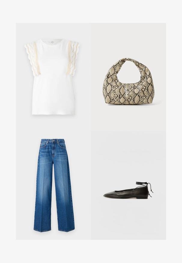 Valge T-särk, mille varrukatel on lainelised beežist pitsaktsendid. Pehmest puuvillast materjalist, ümar kaelus, tavaline lõige. Sujuv tekstuur, ilma mustriteta.; Laiad joped, millel on keskmise sinise pesu värv, klassikaline viie tasku disain, vööloop ja lukuga sulgemine.; Must mustast balletijalatsid, millel on terav nina, pahkluu seotud ja lame tall, sujuva tekstuuri ning minimalistlik disain.; Musta käärmeprindiga kott kõveraga käepidemega. Valmistatud tekstiilsetest, beežidest ja pruunidest materjalidest, millel on iseloomulik rombikujuline muster.