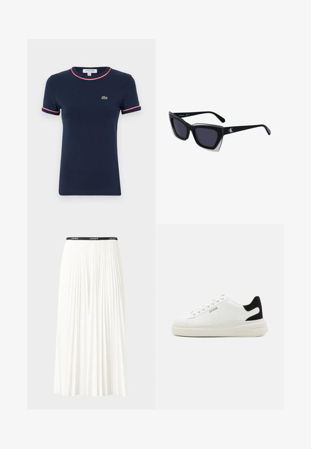 T-shirt de algodão azul-marinho com mangas curtas, com detalhes em vermelho e branco nas golas e mangas, apresentando um logótipo verde bordado no peito.; Saia plissada branca com uma cintura elástica preta que apresenta o logótipo "LACOSTE". Design de comprimento médio com textura suave.; Sapatilhas brancas de couro com uma sola branca espessa, detalhe em camurça preta no calcanhar e logótipo em relevo na lateral. Design com atacadores e seis ilhós.; Óculos de sol oversized pretos com forma geométrica, apresentando lentes escuras e um detalhe cinza em contraste na armação. Logotipo na haste.