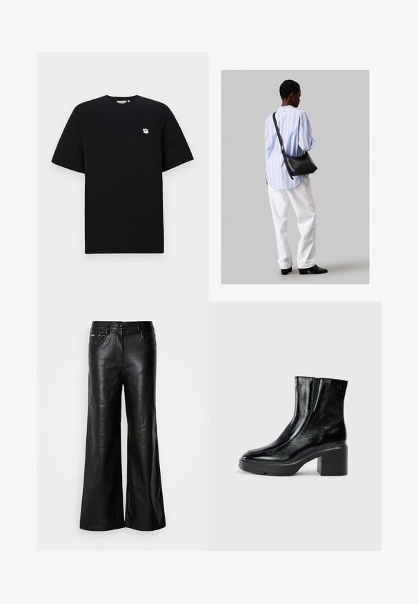 Sort bomulds T-shirt med korte ærmer, der har broderet en lille hvid blomst på venstre bryst. Standard pasform og rund halsudskæring.; Sorte læder bukser med bredde ben og en glat tekstur, der har en frontknaplukning, to sidelommer og minimale syninger.; Sorte patenterede læderankelstøvler med en buet tå, elastiske sidepaneler og en kraftig blokhæl. Har et præget logo på bagsiden.; Sort læder skuldertaske med en blød tekstur, trekantet form og justerbar strop, kombineret med en lyseblå stribet skjorte og hvide bukser.
