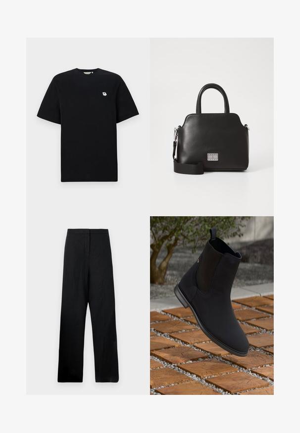 Črna bombažna majica s kratkimi rokavi, ki ima majhno belo vezenje cveta na levem prsnem delu. Klasičen kroj in zasnova s krožnim izrezom.; Črne hlače širokega kroja, izdelane iz lahkega materiala. Imajo gladko teksturo, visok pas in minimalne šive.; Črne gležnarje z elastiko na straneh, ki plavajo nad lesenimi kvadratnimi ploščicami s kamenčki v zunanjem okolju.; Črna sintetična torbica z zgornjimi ročaji, snemljivim ramenskim trakom, zaobljeno obliko, gladko teksturo in srebrnim logotipom na sprednji strani.