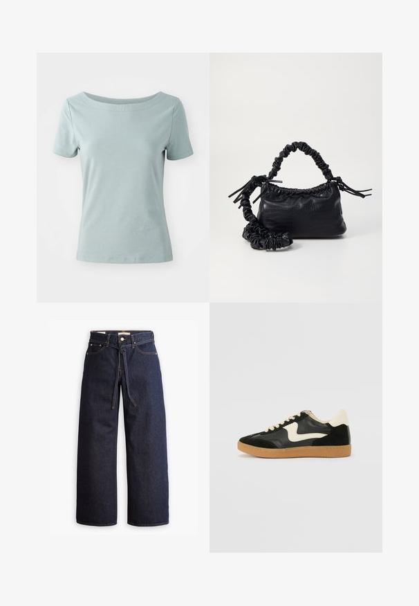 Krátký rukáv, světle modré bavlněné tričko s širokým výstřihem a uvolněným střihem. Bezešvá ramena a hladká, jemná textura.; Široké tmavě modré džíny se zvýšeným pasem, opatřené stahovací šňůrou, pěti kapsami a kontrastním prošíváním.; Černé semišové a kožené tenisky s krémovým postranním swooshem a světlým krémovým podpatkem. Mají béžové tkaničky a podešev z gumové pryže.; Černá kabelka z umělé kůže s krokodýlím vzorem, staženým vrškem a zmačkaným popruhem. Zdá se, že má měkký a kompaktní design.