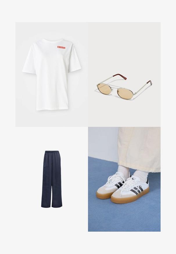 Valge puuvillane T-särk lühikeste varrukatega ja ümarate kaelustega, millel on vasakul rindkere piirkonnas väike punane Columbia logo.; Tumed laiad püksid, mis on valmistatud siledast kangast, elastse vöökohaga ja ilma nähtava metallist detailita. Omavad vaba lõikega ja täispikkust.; Valged tossud mustade triipudega ja beeži nahaga aktsentidega. Omavad tekstuuriga kummist talla ja lamedaid valgeid paelu, kantud heledate sokkidega.; Metallist päikeseprillid ovaalsete, helepruunide toonitud läätsega. Kitsa hõbedase raamiga, millel on tekstuurilised aktsendid ja punakaspruunid otsad käepidemetel.