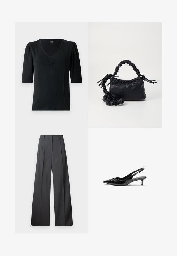 Black short-sleeve top with a v-neck, featuring gathered detailing at the center front and smooth, stretchy fabric.; Wide-leg trousers in dark gray fabric, featuring a high waist, single pleats, and a smooth texture with a clean finish at the hems.; Black leather slingback heels with a pointed toe, small kitten heel, and a decorative knot detail on the front. Smooth texture throughout.; Black faux leather handbag with a crocodile texture, cinched top, and a scrunched strap. Appears soft and compact in design.