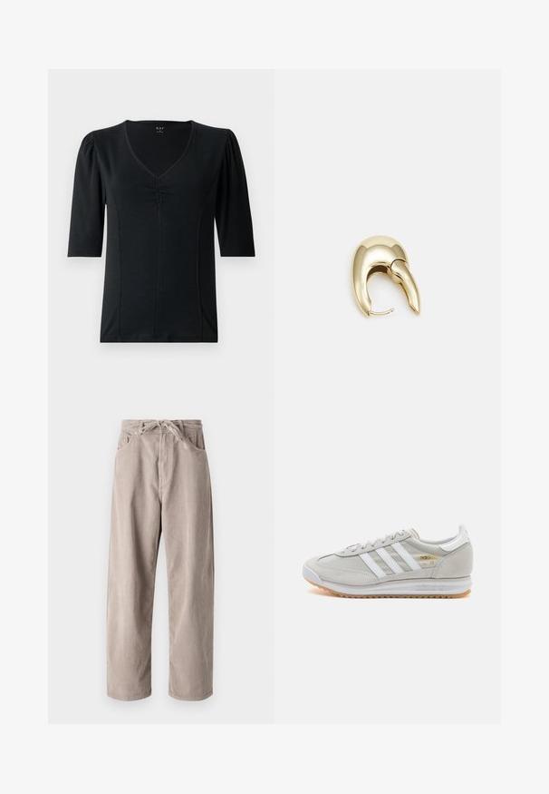 Juodas trumpas rankovės marškinėlis su v-kaklu, turintis surinktus akcentus priekyje ir lygų, tamprų audinį.; Šviesiai rudi kordūriniai kelniai, laisvo kirpimo, su raišteliu reguliuojamu juosmeniu, dviem priekinių kišenėlių ir vertikalia juostele.; Šviesiai pilki sportbačiai, pagaminti iš zomšos ir tinklinės medžiagos, su trimis baltais dryžiais, apvaliu pirštu ir guma padu. Auksinė logotipo detalė šalia raištelių.; Aukso tono metalinės auskarai su stilingu, kreiviu dizainu. Išsiskiria ryškiu smailiu pavidalu, poliruota paviršiumi ir užsegimu su vyriu.